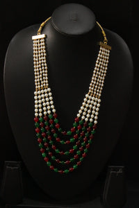 Red, Green and White Glass Beads Braided with Gold Metal Beads 5 Layer Gold Finish Necklace