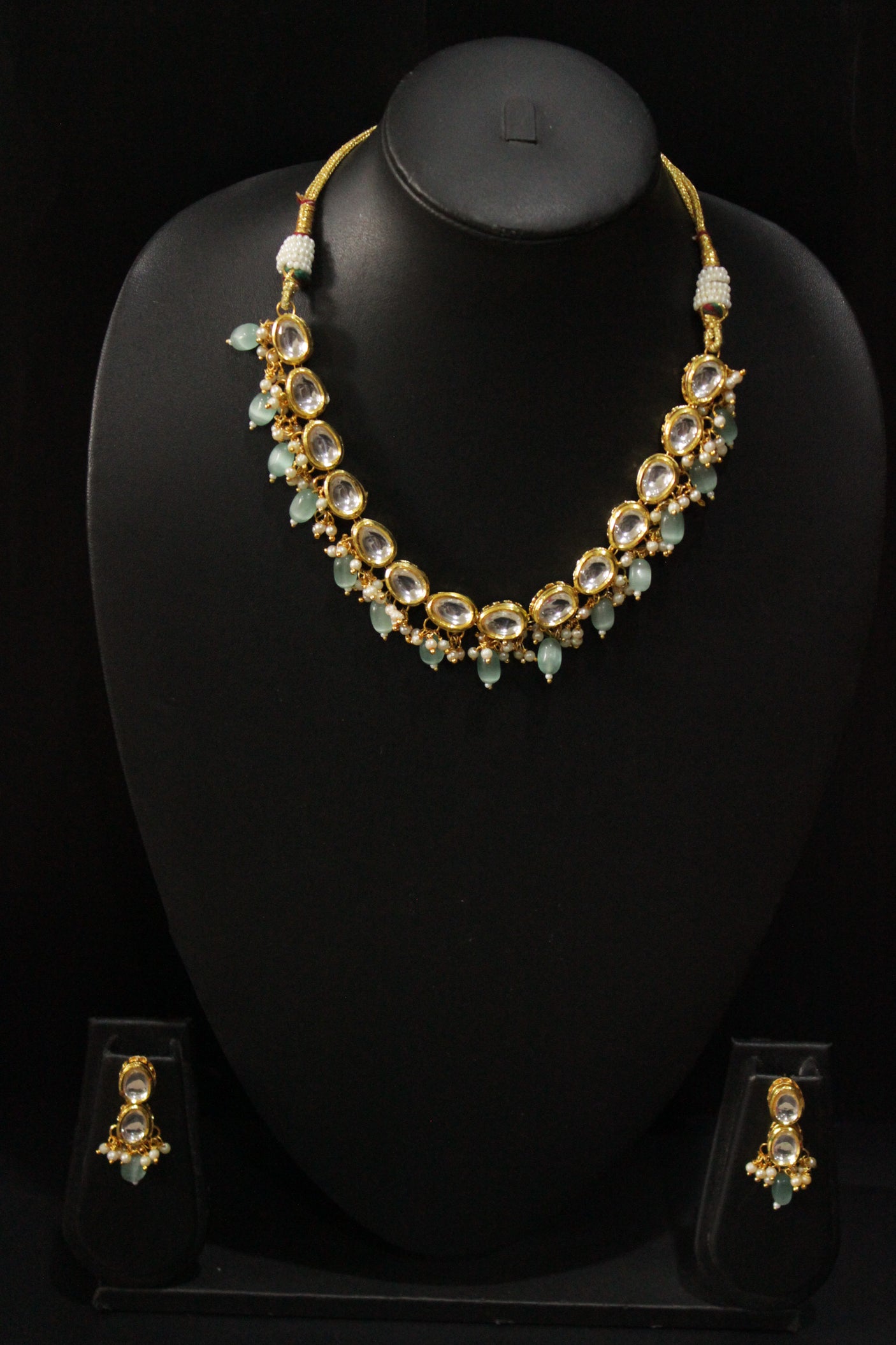 Kundan Stones and Turquoise Glass Beads Embedded Reversible Adjustable Length Choker Necklace Set