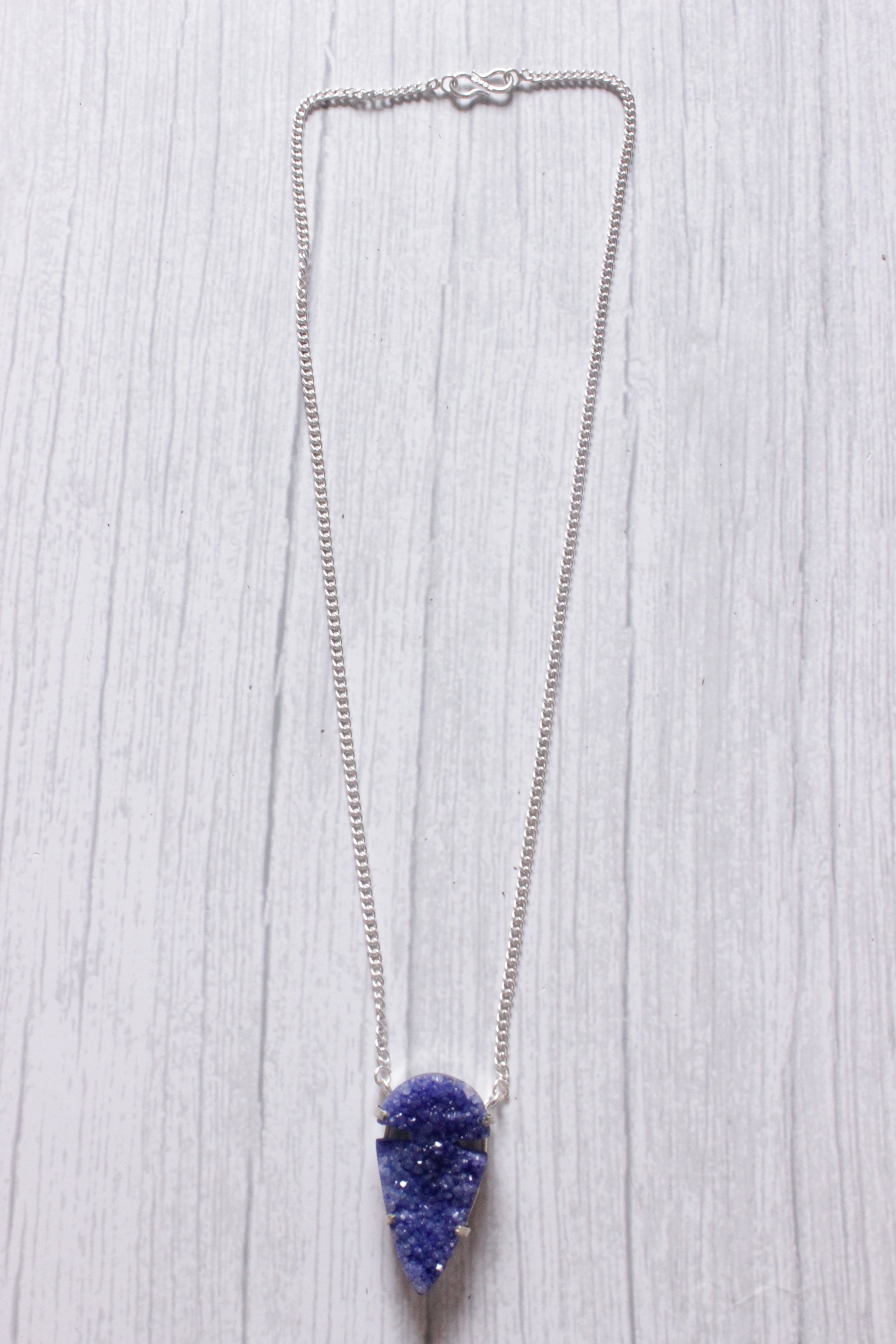 Blue Crystal Druzy Natural Gemstone Embedded Silver Plated Necklace