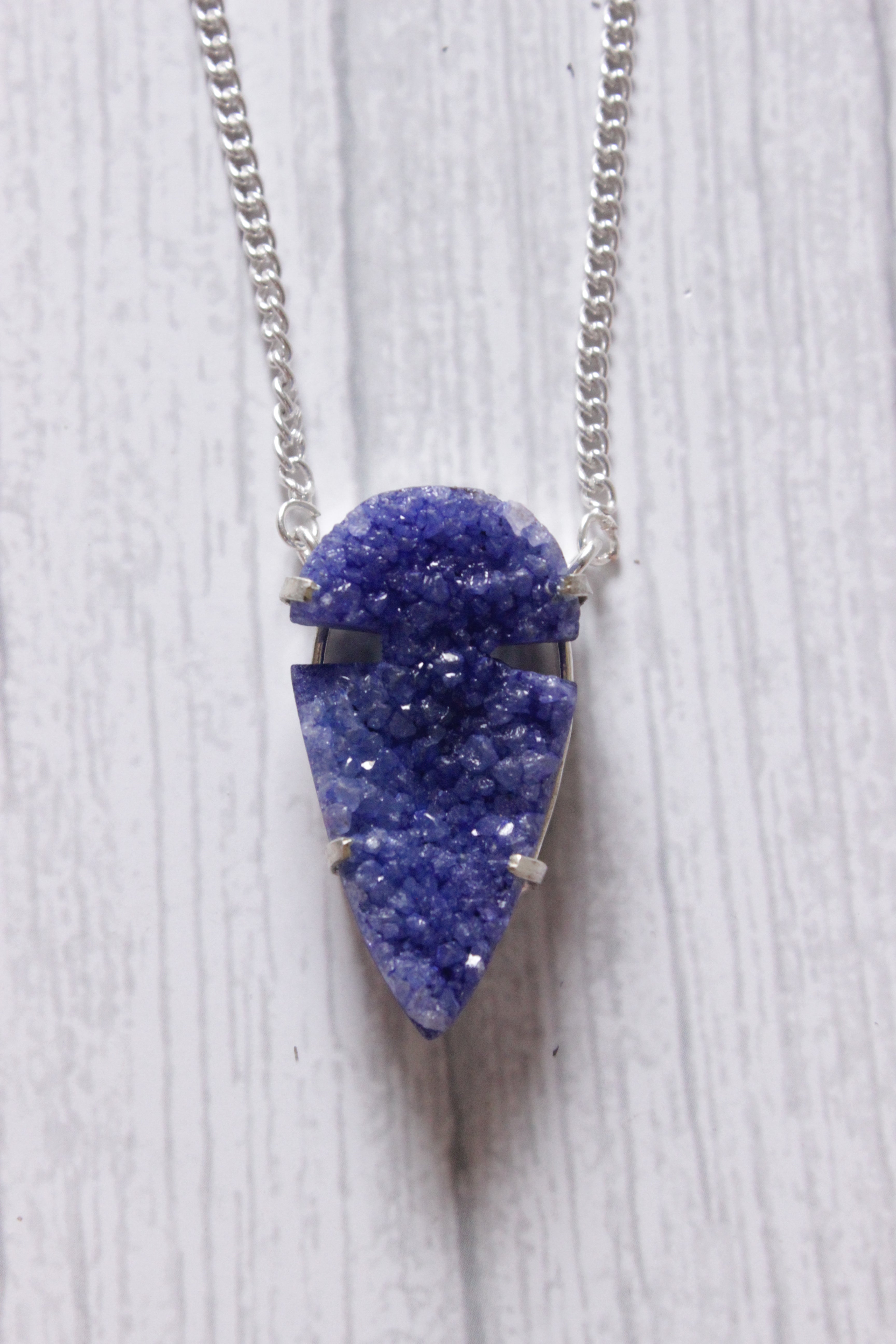 Blue Crystal Druzy Natural Gemstone Embedded Silver Plated Necklace