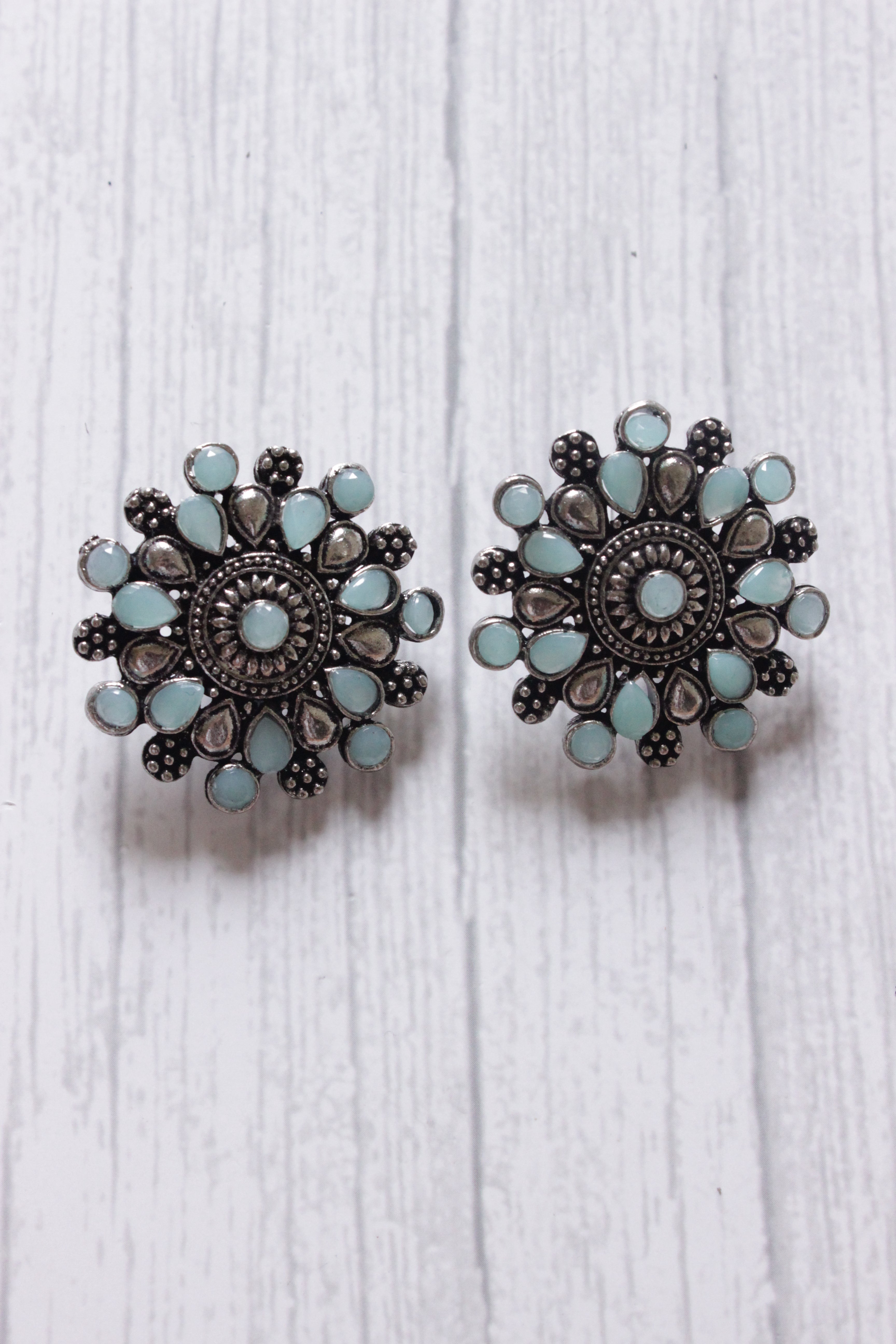 Turquoise Stones Embedded Oxidised Silver Finish Statement Stud Earrings