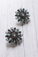 Load image into Gallery viewer, Turquoise Stones Embedded Oxidised Silver Finish Statement Stud Earrings
