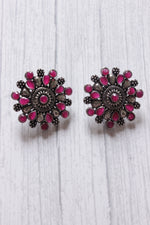 Load image into Gallery viewer, Red Stones Embedded Oxidised Silver Finish Statement Stud Earrings
