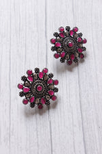 Load image into Gallery viewer, Red Stones Embedded Oxidised Silver Finish Statement Stud Earrings
