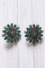 Load image into Gallery viewer, Green Stones Embedded Oxidised Silver Finish Statement Stud Earrings
