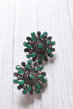 Load image into Gallery viewer, Green Stones Embedded Oxidised Silver Finish Statement Stud Earrings
