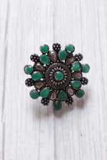 Load image into Gallery viewer, Green Stones Embedded Oxidised Silver Finish Statement Stud Earrings
