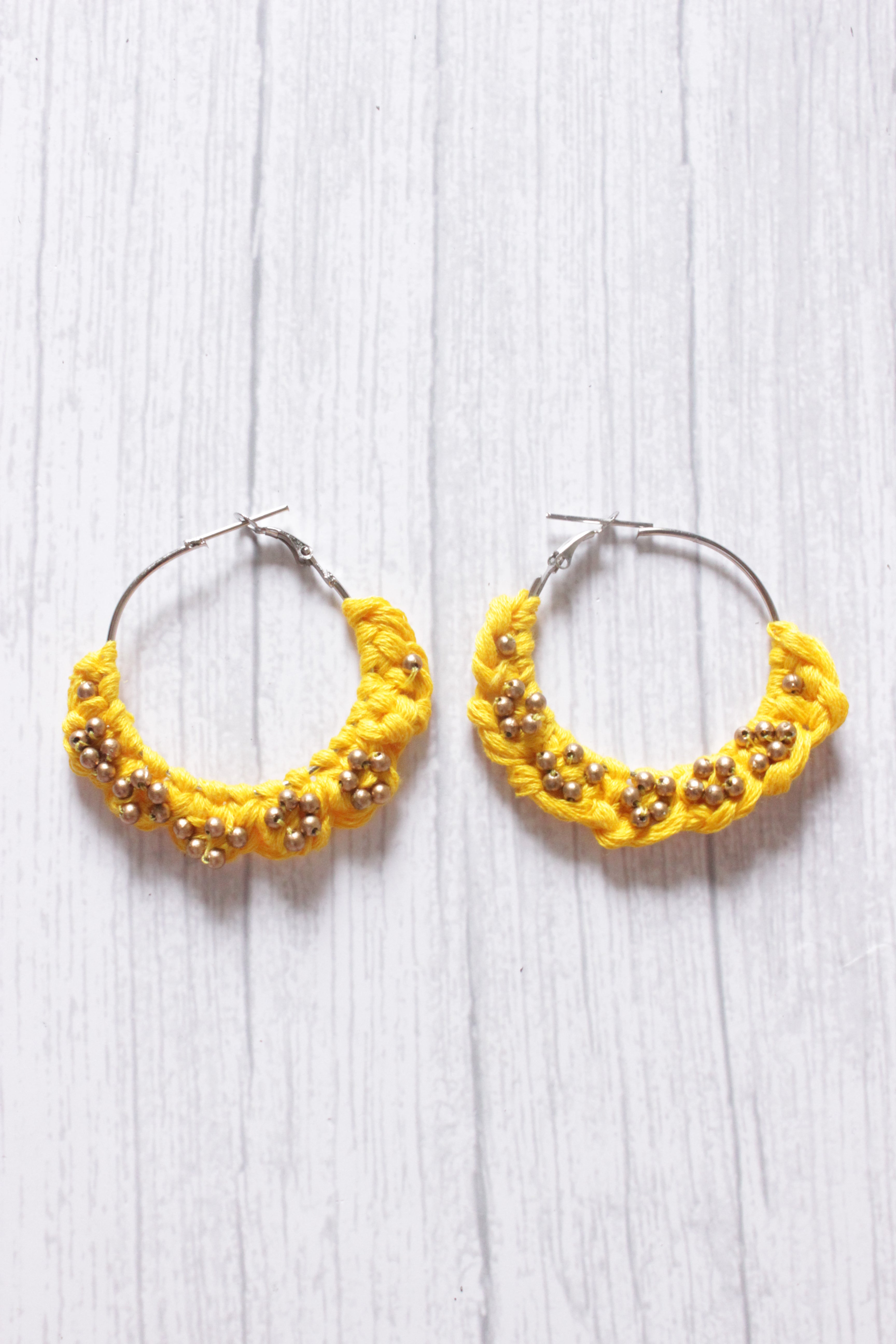 Hand Braided Yellow Macrame Threads Hoop Earrings