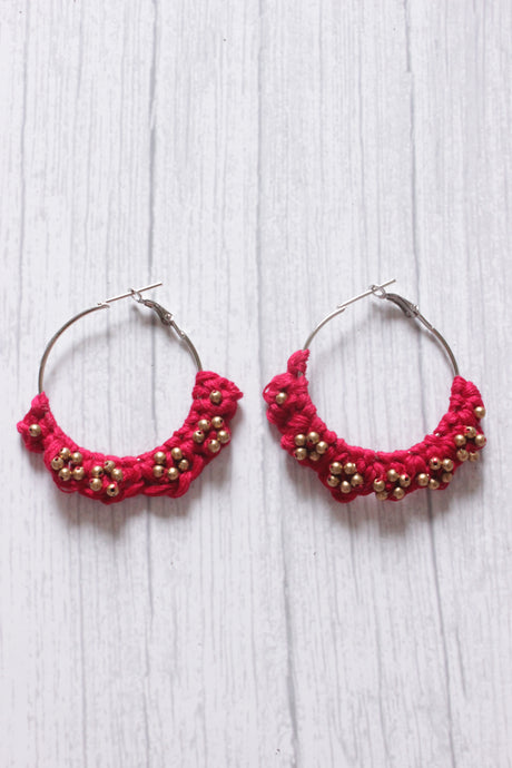 Hand Braided Fuchsia Macrame Threads Hoop Earrings