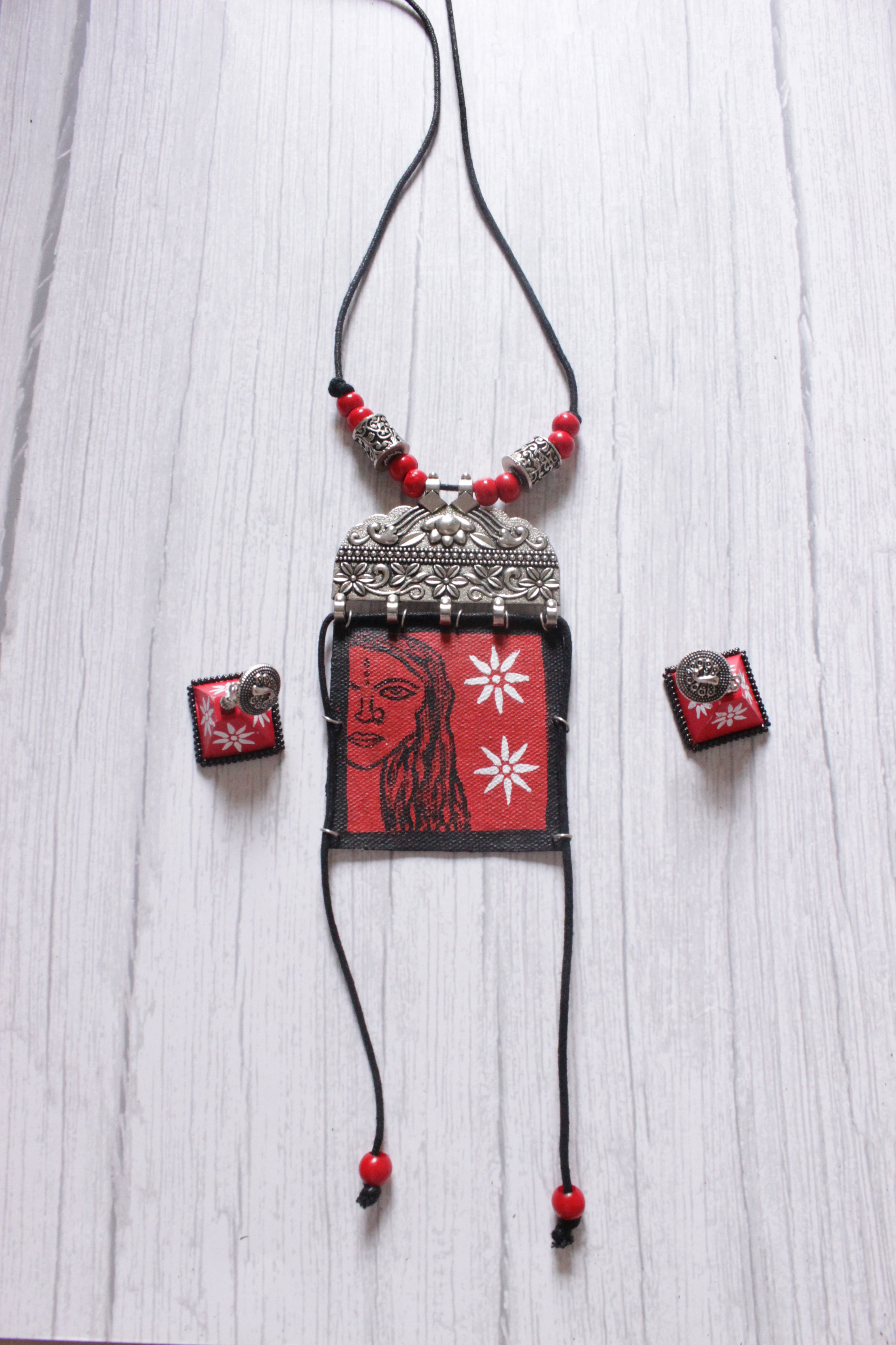 Elegant Hand Painted Woman Face Fabric Necklace Set with Dangler Jhumka Earrings