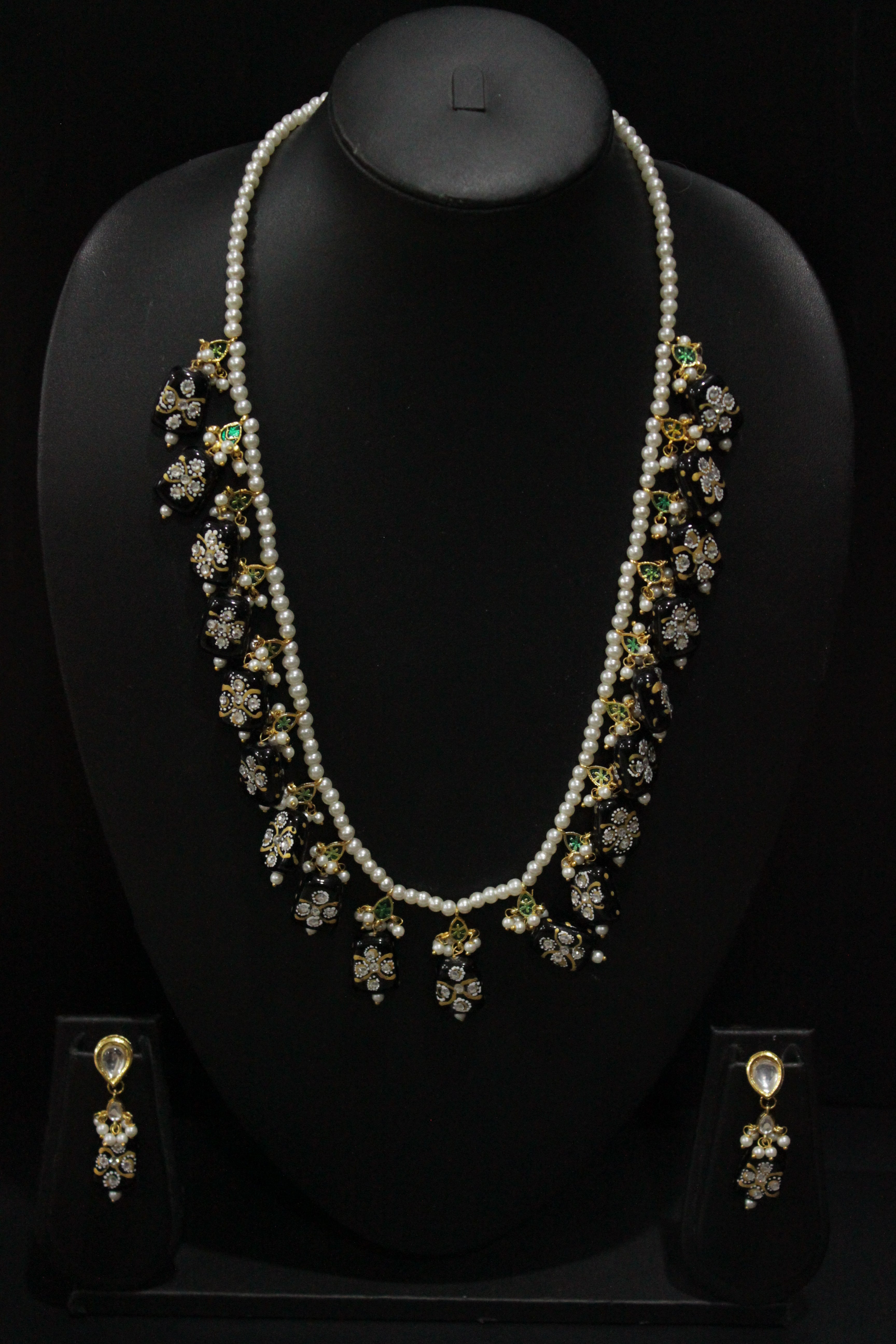 Hand Painted Meenakari Black Acrylic Beads Braised with White Beads and Kundan Stones Embedded Necklace Set