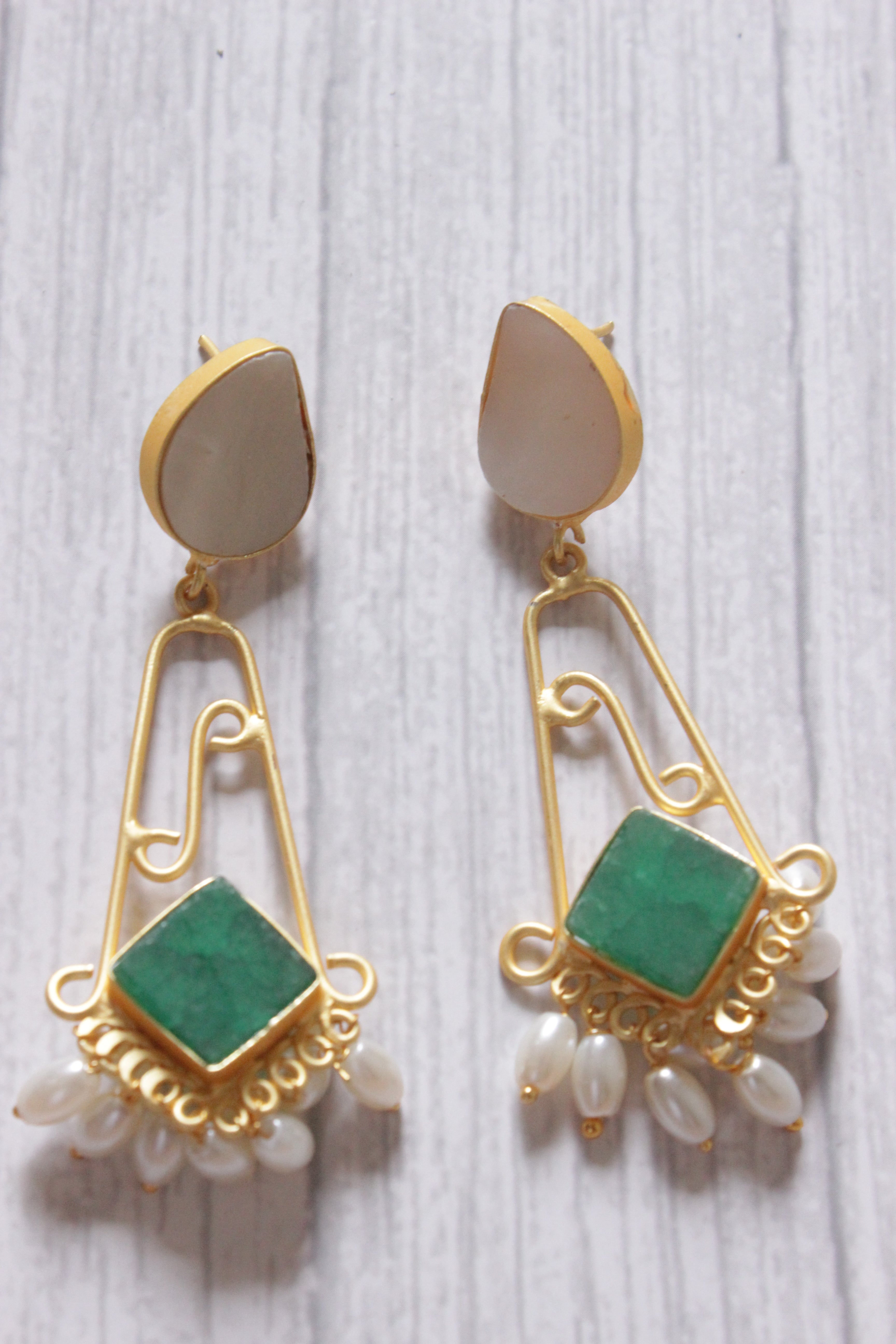 Natural Gemstones Embedded Gold Plated Dangler Earrings