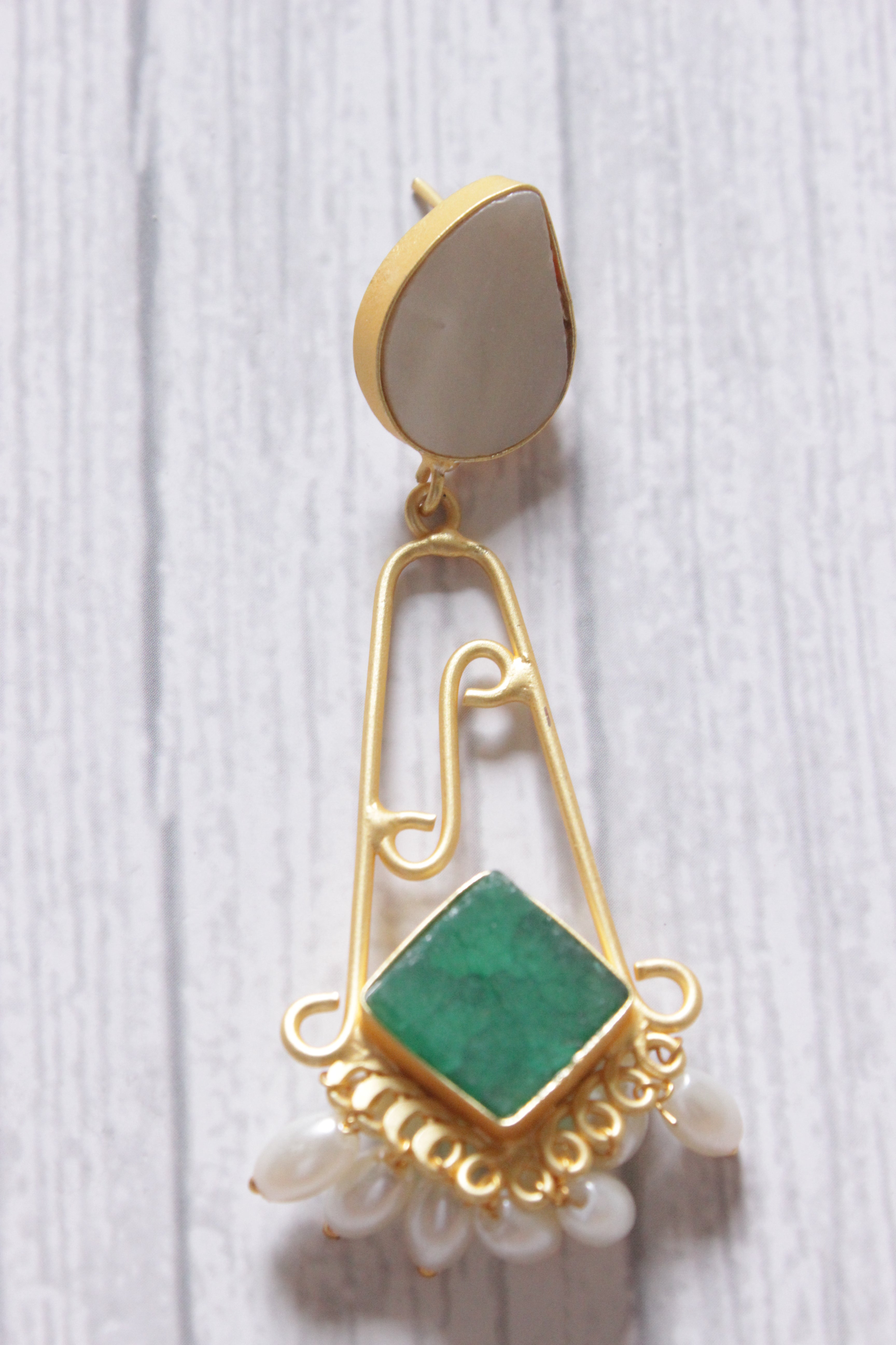 Natural Gemstones Embedded Gold Plated Dangler Earrings