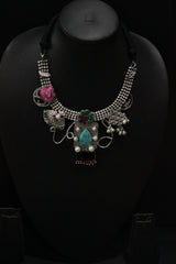 Multi-Color Stones and Raw Natural Gemstones Embedded Silver Finish Adjustable Length Choker Necklace
