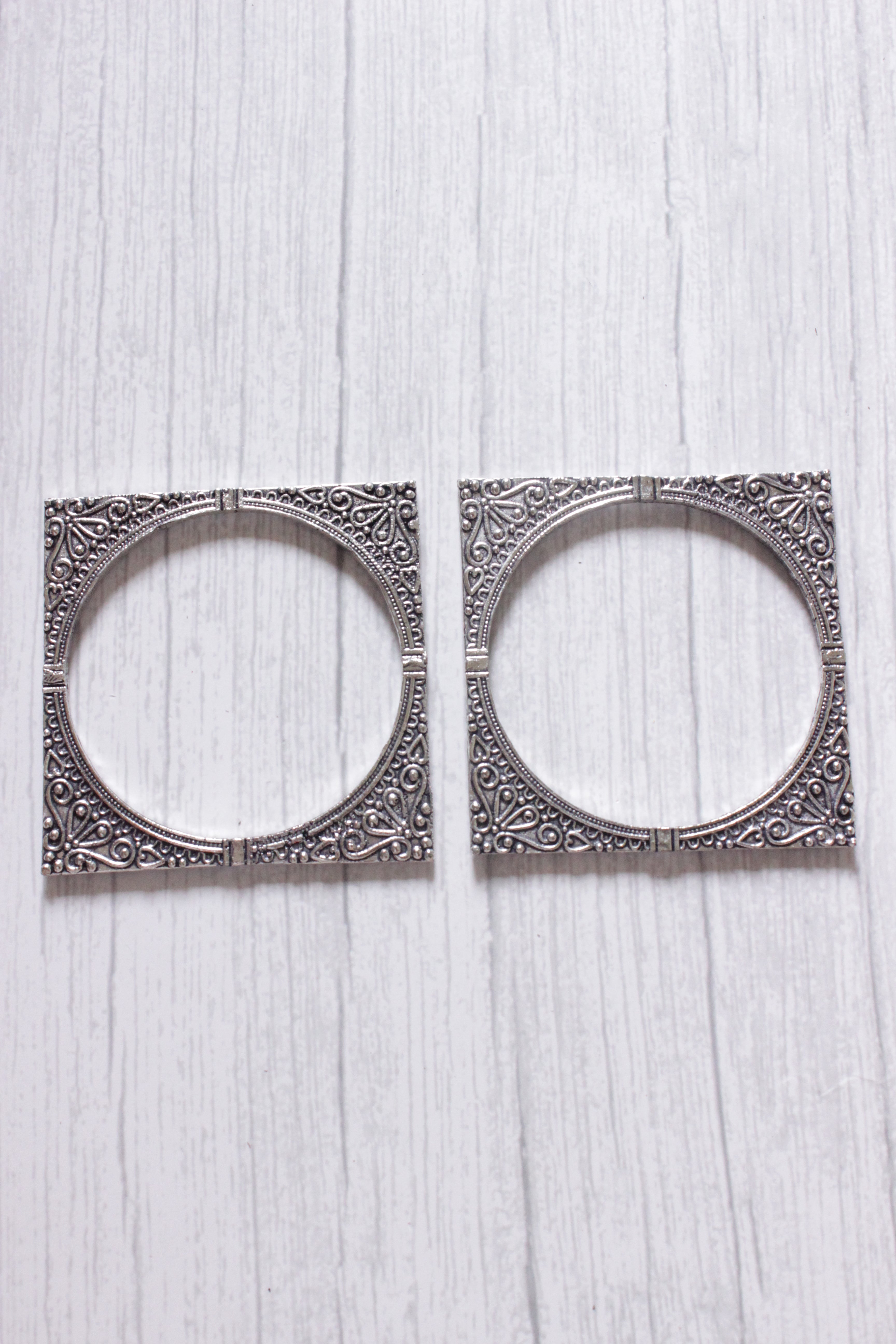 Oxidised Finish Square Silver Metal Bangles - Set of 2