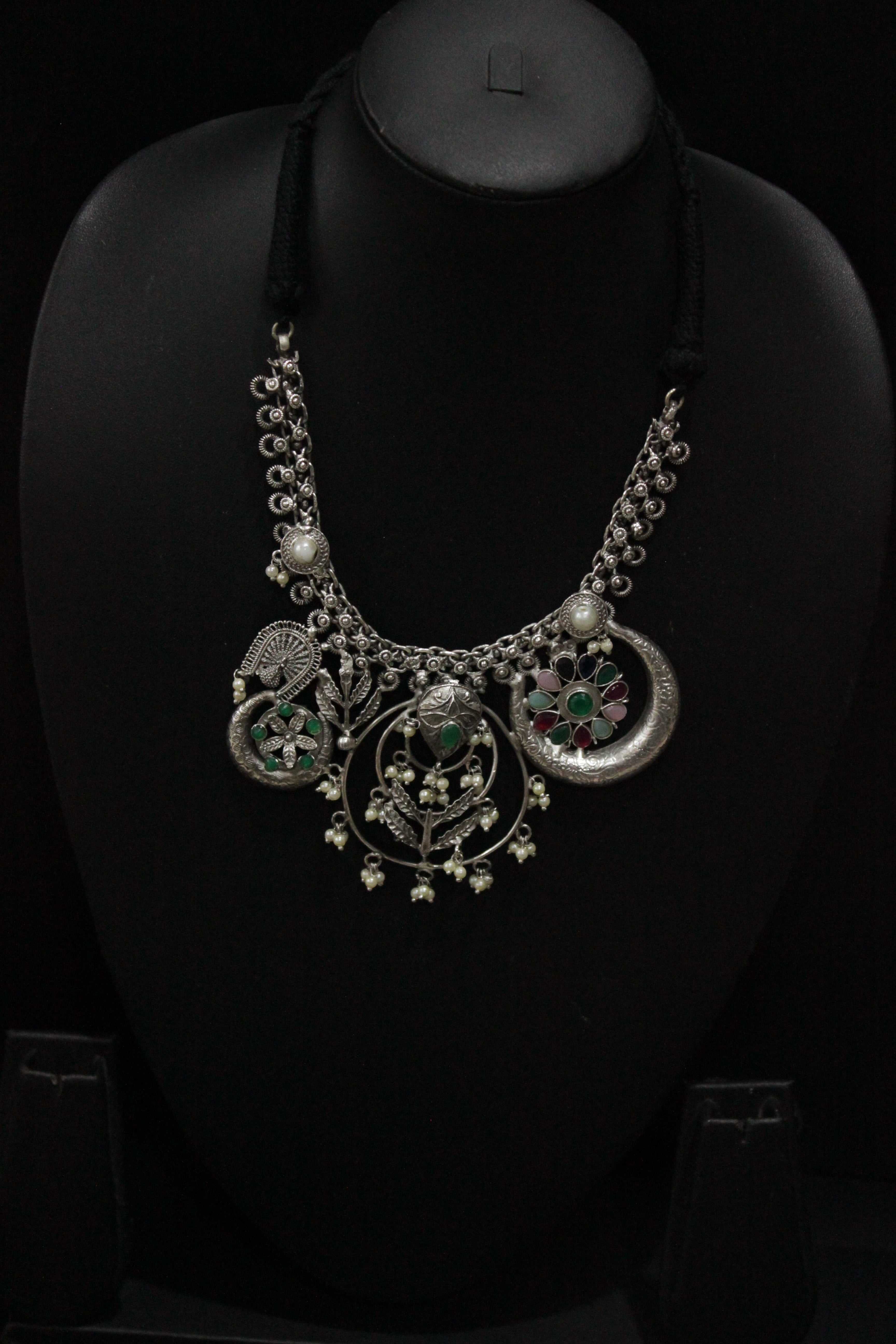 Multi-Color Gemstones Embedded Silver Finish Adjustable Length Choker Necklace