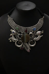 Birds and Leaf Motifs Multi-Color Gemstones Embedded Silver Finish Adjustable Length Choker Necklace