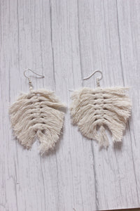 Hand Braided White Macrame Threads Leaf Shape Earrings