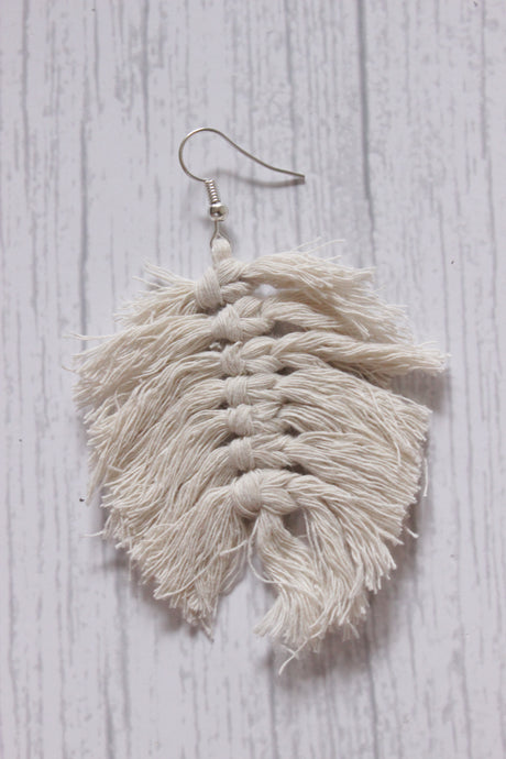 Hand Braided White Macrame Threads Leaf Shape Earrings