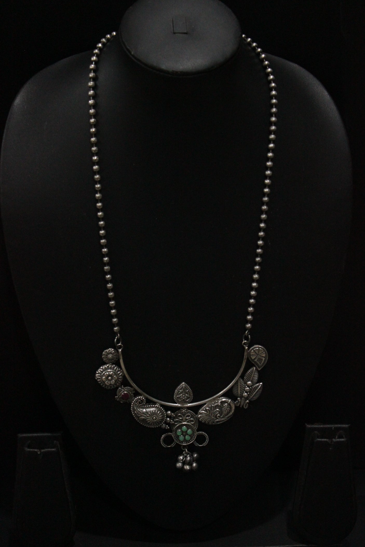 Peacock, Leaves & Flower Motifs Stones Embedded Oxidised Silver Finish Long Chain Necklace