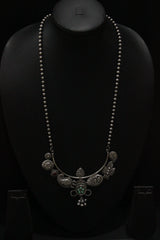 Peacock, Leaves & Flower Motifs Stones Embedded Oxidised Silver Finish Long Chain Necklace