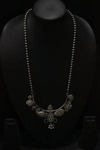Peacock, Leaves & Flower Motifs Stones Embedded Oxidised Silver Finish Long Chain Necklace