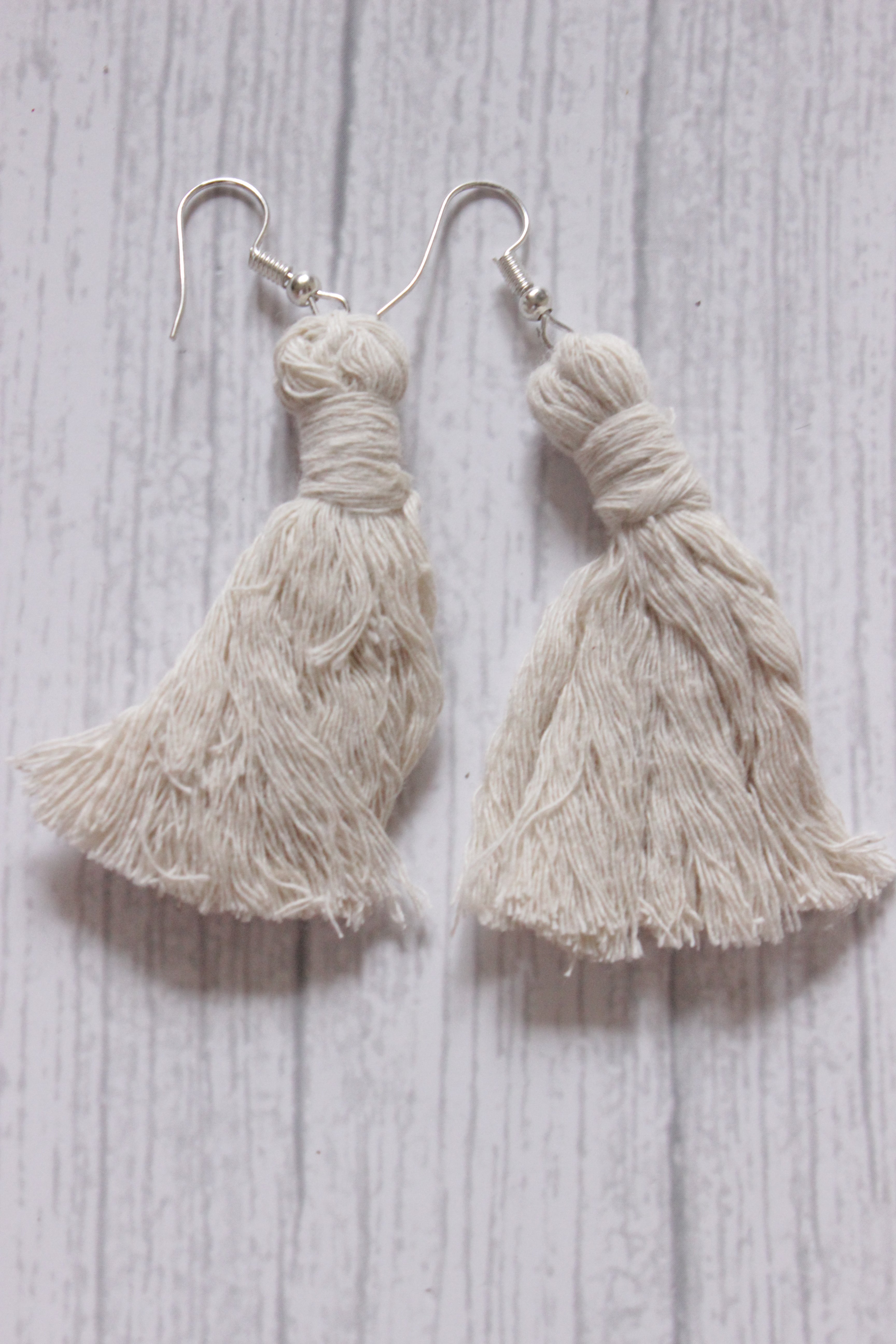 Handcrafted White Macrame Threads Dangler Earrings