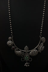 Peacock, Leaves & Flower Motifs Stones Embedded Oxidised Silver Finish Long Chain Necklace