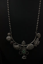 Load image into Gallery viewer, Peacock, Leaves &amp; Flower Motifs Stones Embedded Oxidised Silver Finish Long Chain Necklace
