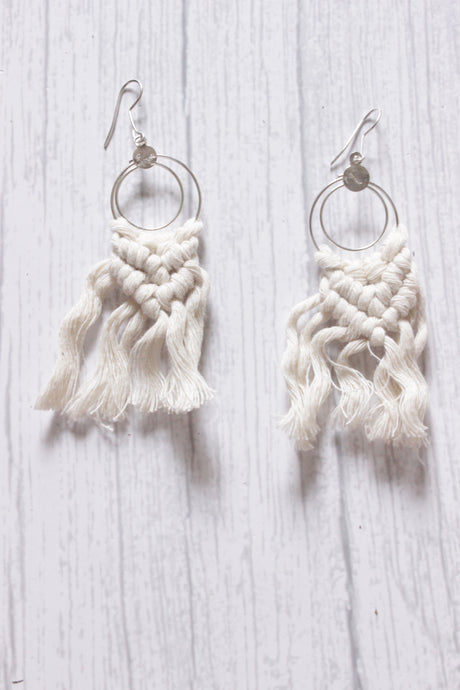 Concentric Circles Hand Braided White Macrame Threads Dangler Earrings