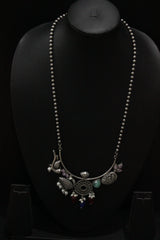 Peacock Motif Multi-Color Stones Embedded Oxidised Silver Finish Long Chain Necklace