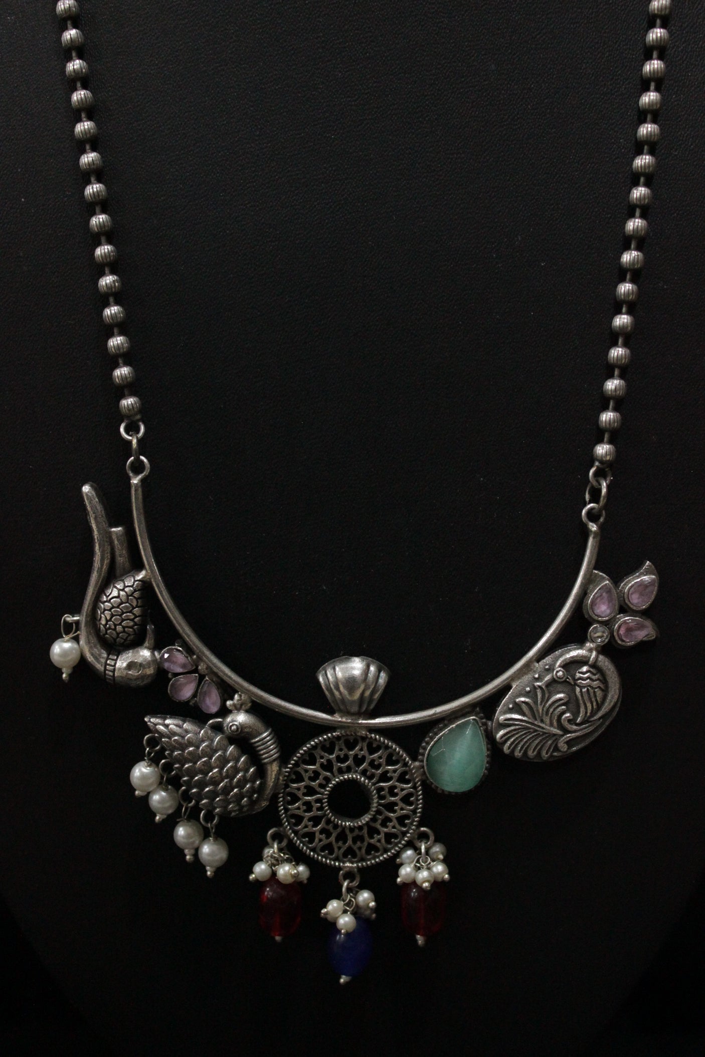 Peacock Motif Multi-Color Stones Embedded Oxidised Silver Finish Long Chain Necklace