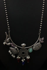 Peacock Motif Multi-Color Stones Embedded Oxidised Silver Finish Long Chain Necklace