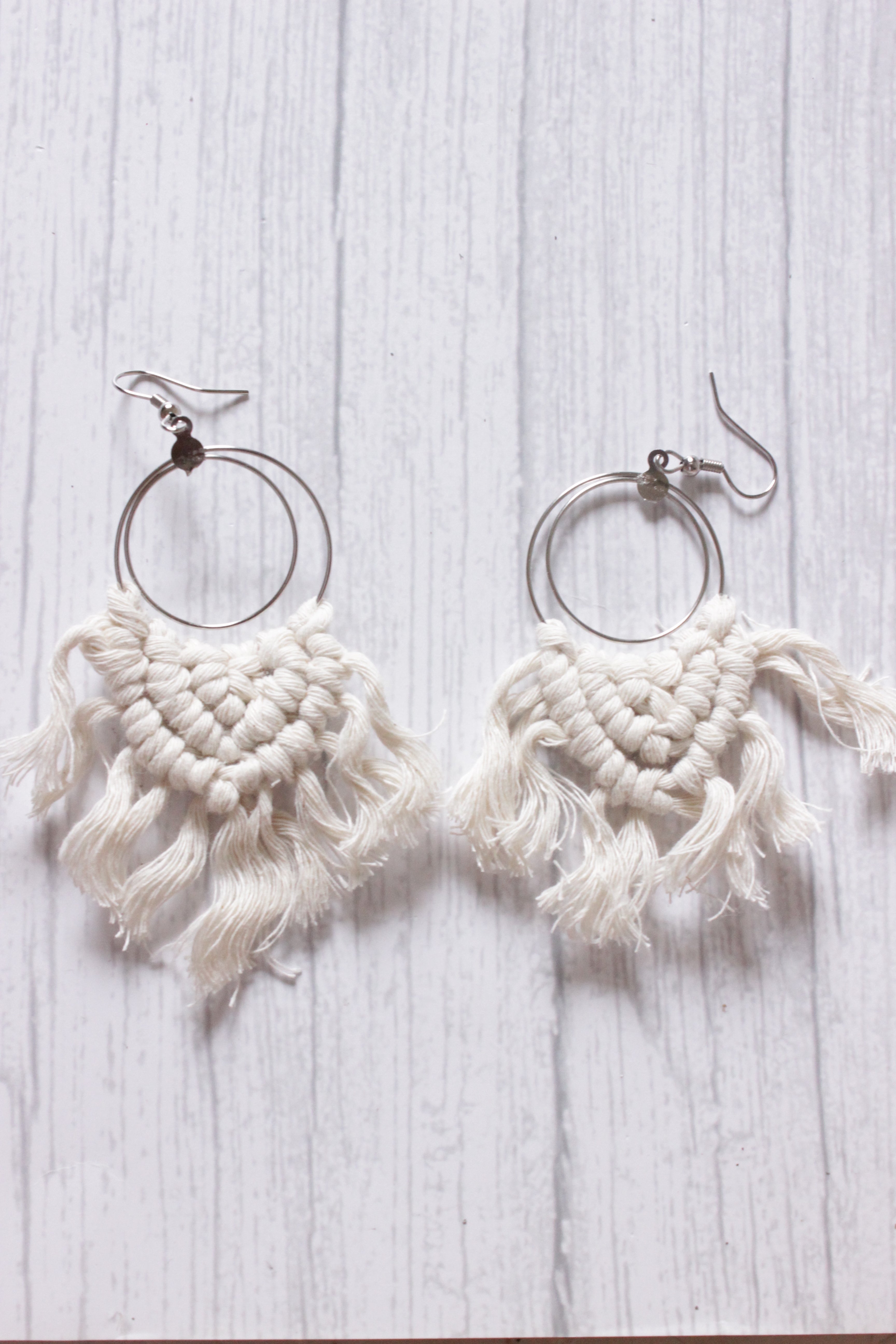Concentric Circles Hand Braided White Macrame Threads Dangler Earrings