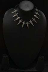 Spike Cone Shaped Metal Charms Braided in Black Thread Adjustable Length Choker Necklace