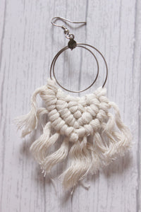 Concentric Circles Hand Braided White Macrame Threads Dangler Earrings