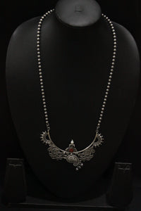 Abstract Motifs Stones Embedded Oxidised Silver Finish Long Chain Necklace