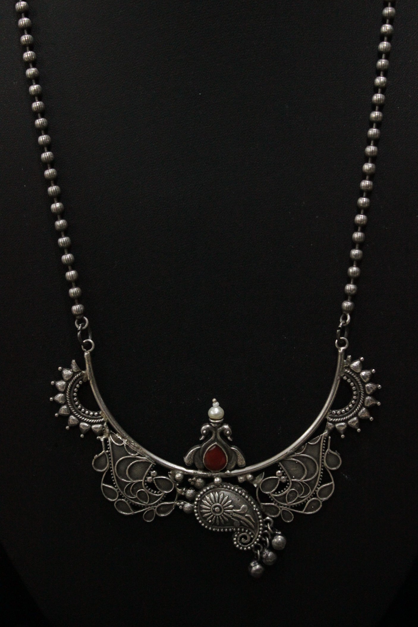 Abstract Motifs Stones Embedded Oxidised Silver Finish Long Chain Necklace