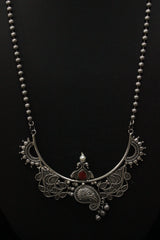 Abstract Motifs Stones Embedded Oxidised Silver Finish Long Chain Necklace