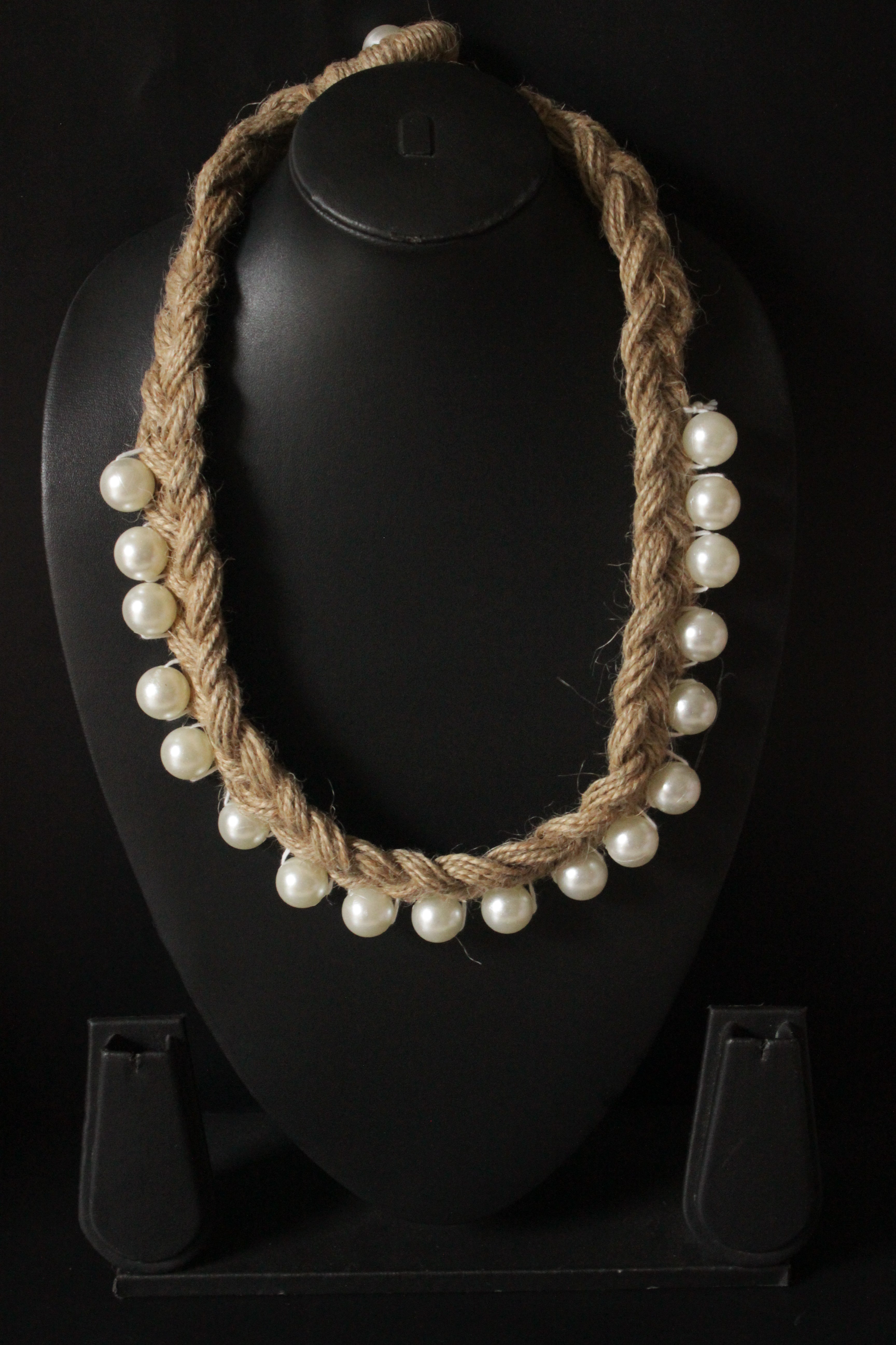 Pearls Embellished Braided Jute Strings Choker Necklace