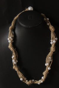 Stringed Jute Strings White Beads Embellished Choker Necklace