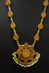 Tuscany Yellow Raw Natural Glass Stones Embedded Gold Toned Adjustable Length Necklace Set
