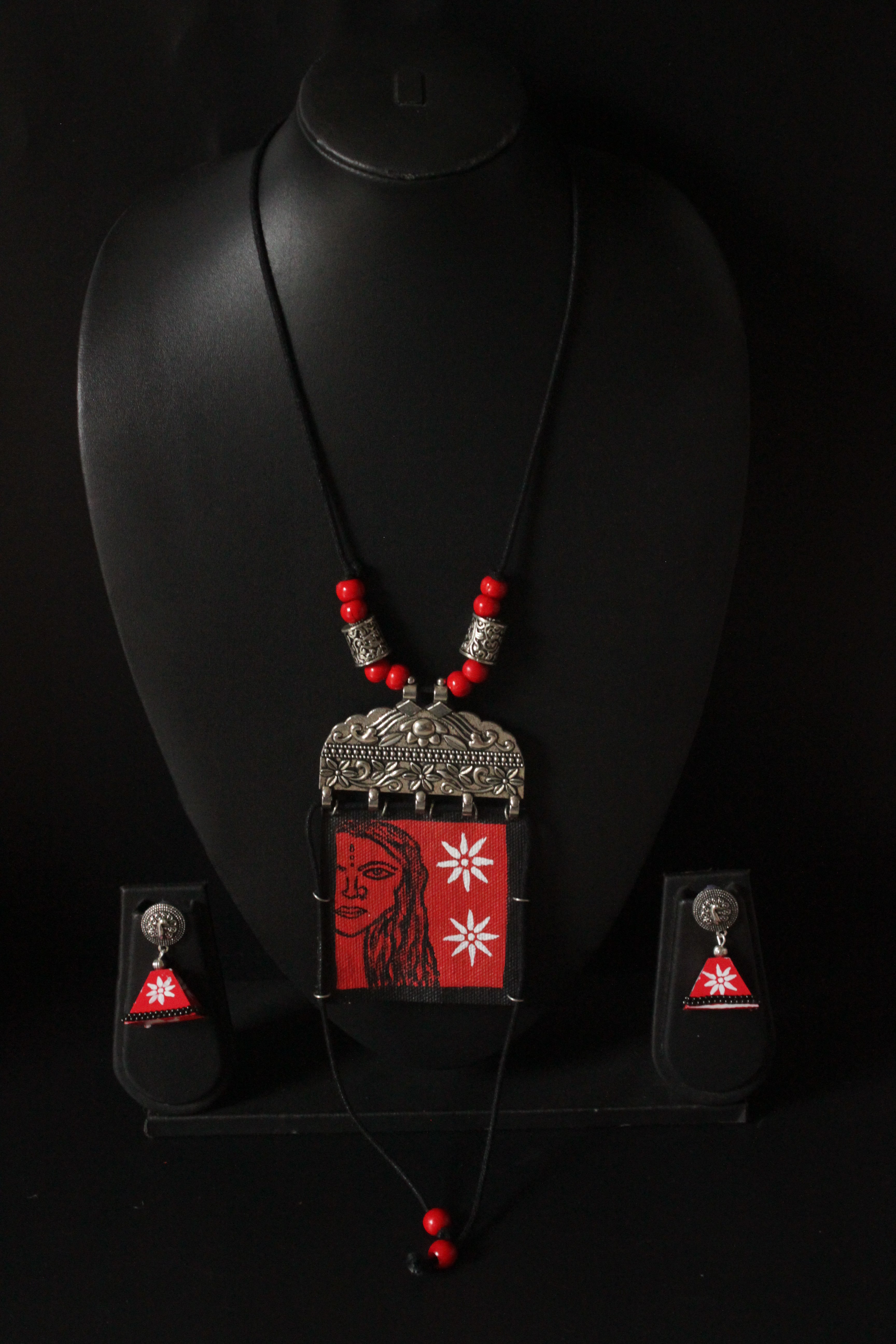 Elegant Hand Painted Woman Face Fabric Necklace Set with Dangler Jhumka Earrings