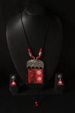 Load image into Gallery viewer, Elegant Hand Painted Woman Face Fabric Necklace Set with Dangler Jhumka Earrings
