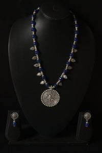 Silver Finish Statement Ganesha Metal Pendant Jade Beads Necklace Set
