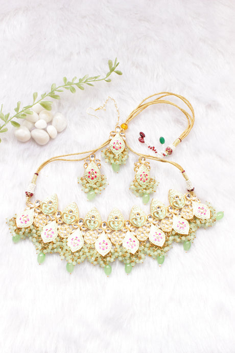 Meenakari Work Sea Green Stones and Beads Embedded Elaborate Choker Necklace Set