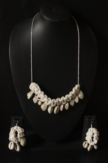 Shells Embellished Braided Macrame Threads Long Silver Chain Necklace Set