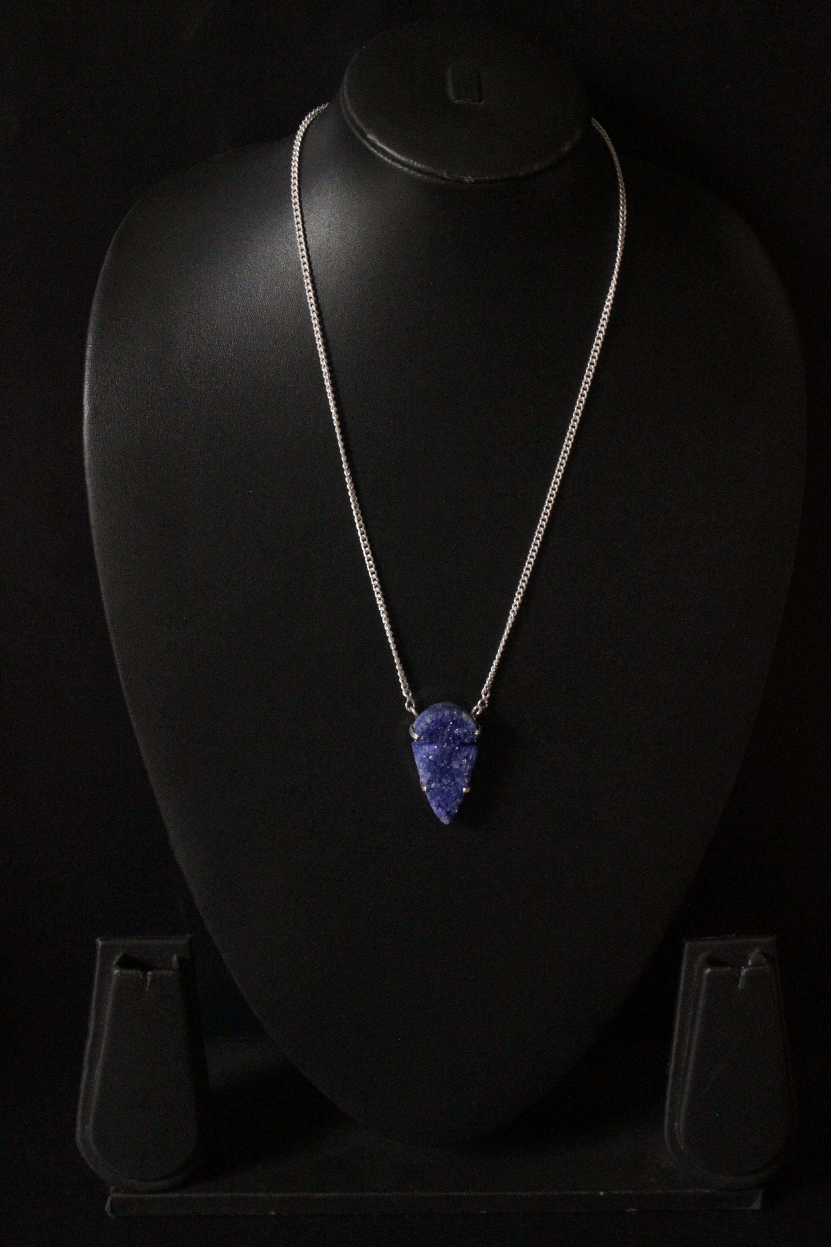 Blue Crystal Druzy Natural Gemstone Embedded Silver Plated Necklace