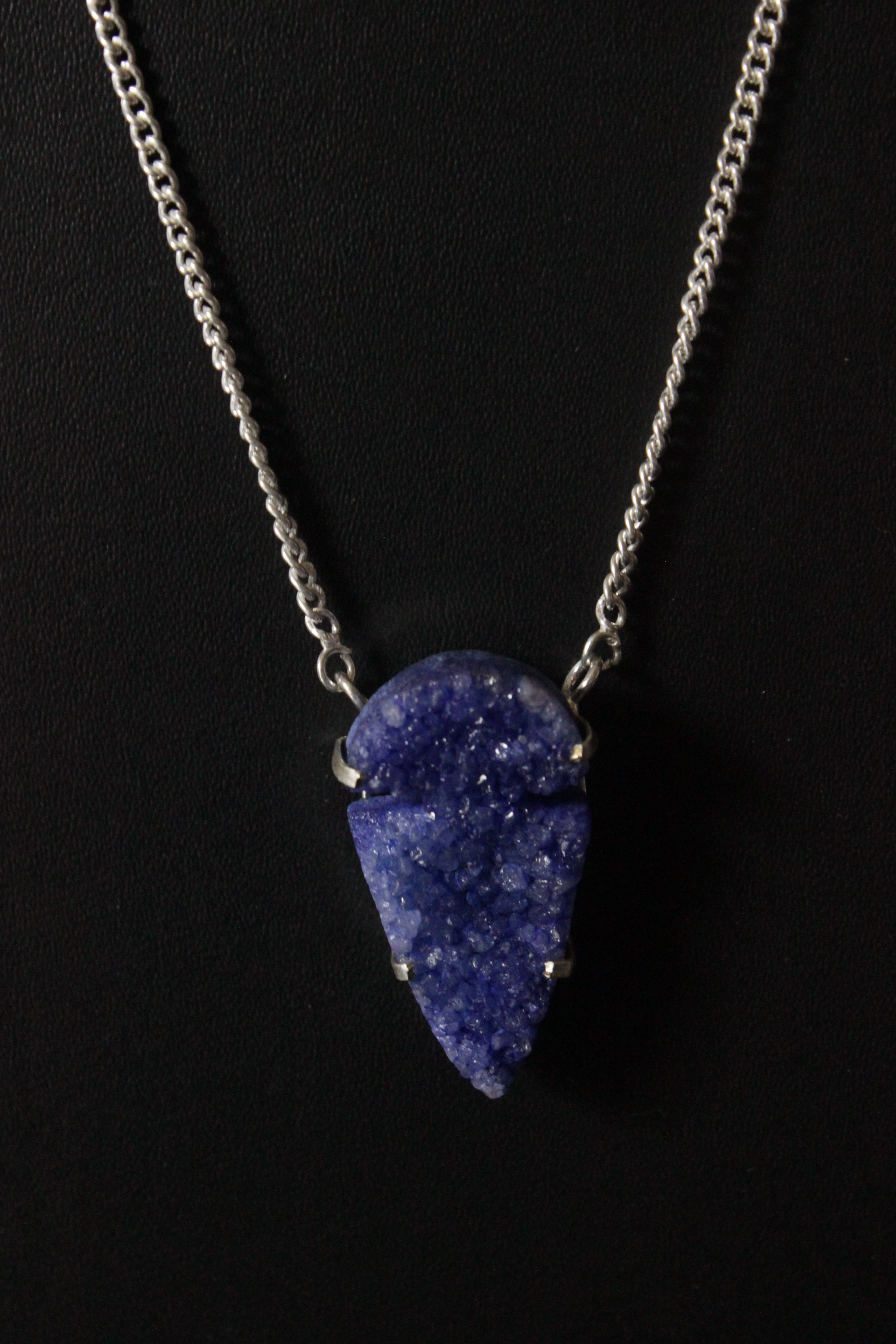 Blue Crystal Druzy Natural Gemstone Embedded Silver Plated Necklace