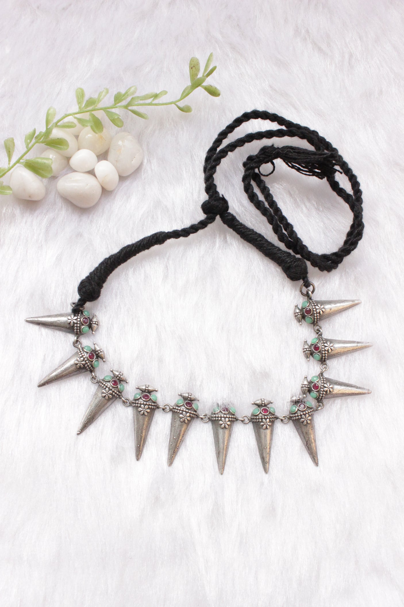 Spike Cone Shaped Metal Charms Braided in Black Thread Adjustable Length Choker Necklace